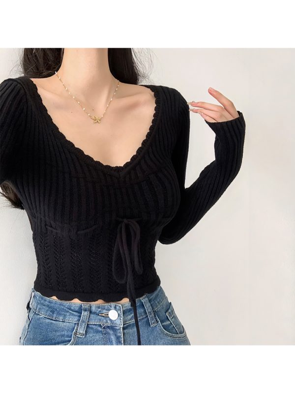Vintage French Hollow Square Neck Long Sleeve Knitted Sweater with Drawstring Waist - Versatile Slimming Pullover Outerwear for Girls