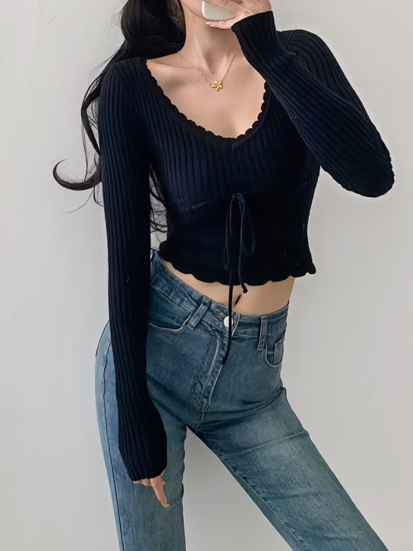 Vintage French Hollow Square Neck Long Sleeve Knitted Sweater with Drawstring Waist - Versatile Slimming Pullover Outerwear for Girls