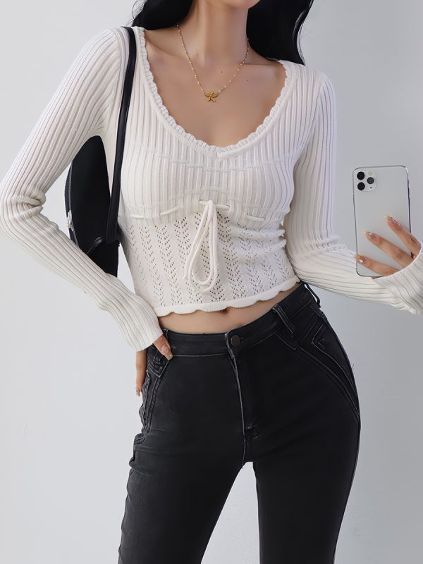 Vintage French Hollow Square Neck Long Sleeve Knitted Sweater with Drawstring Waist - Versatile Slimming Pullover Outerwear for Girls