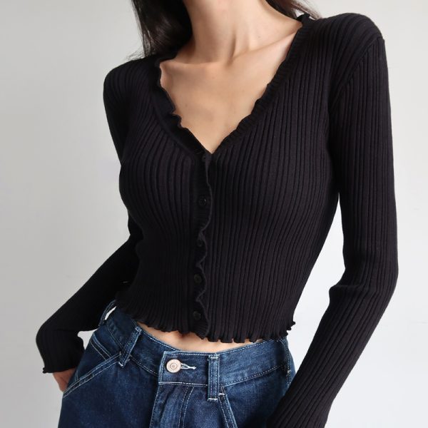 Vintage French Lace Edge V-Neck Buttoned Slim Fit Long Sleeve Knitted Cardigan Sweater for Women