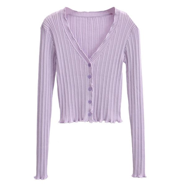 Vintage French Lace Edge V-Neck Buttoned Slim Fit Long Sleeve Knitted Cardigan Sweater for Women