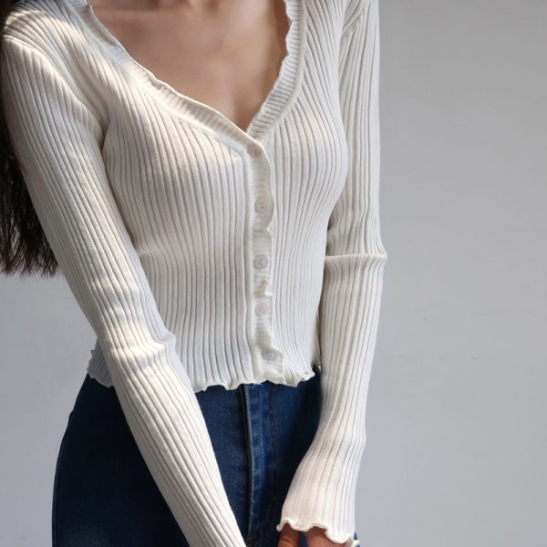 Vintage French Lace Edge V-Neck Buttoned Slim Fit Long Sleeve Knitted Cardigan Sweater for Women