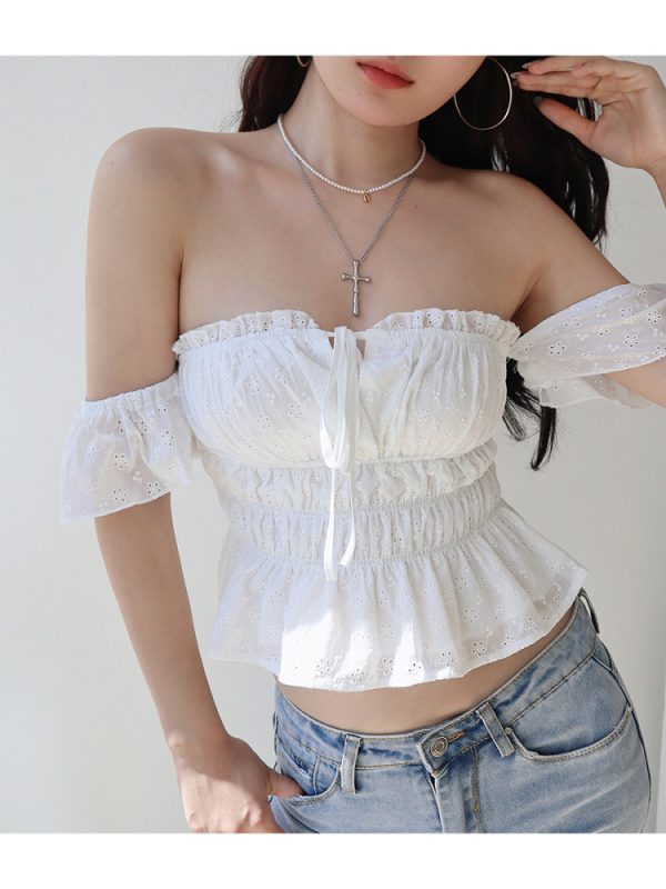 Vintage French One-Shoulder Flowy Sleeve Blouse - White Fairy Shirt for Vacation, Tied Design, Perfect for Y2K and Boho Styles
