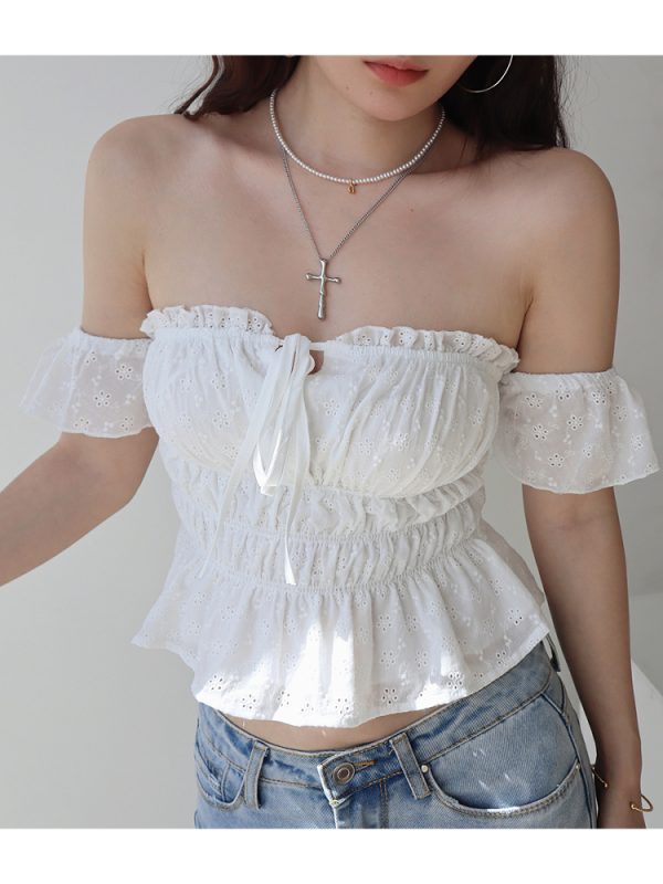 Vintage French One-Shoulder Flowy Sleeve Blouse - White Fairy Shirt for Vacation, Tied Design, Perfect for Y2K and Boho Styles