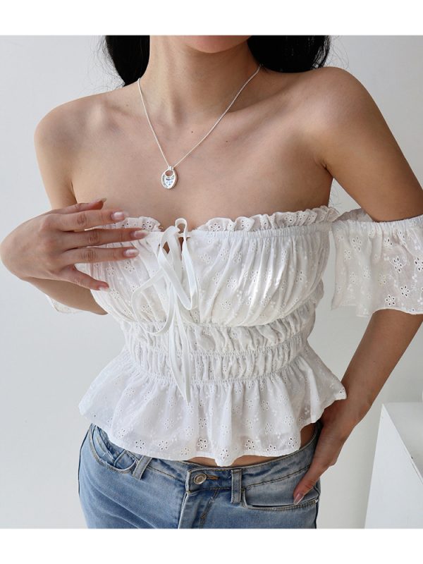 Vintage French One-Shoulder Flowy Sleeve Blouse - White Fairy Shirt for Vacation, Tied Design, Perfect for Y2K and Boho Styles