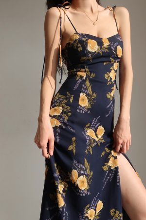 Vintage French Orange Floral Spaghetti Strap Dress with Tie Waist, Slimming Side Slit, Knee-Length Mid Skirt - Y2K Style
