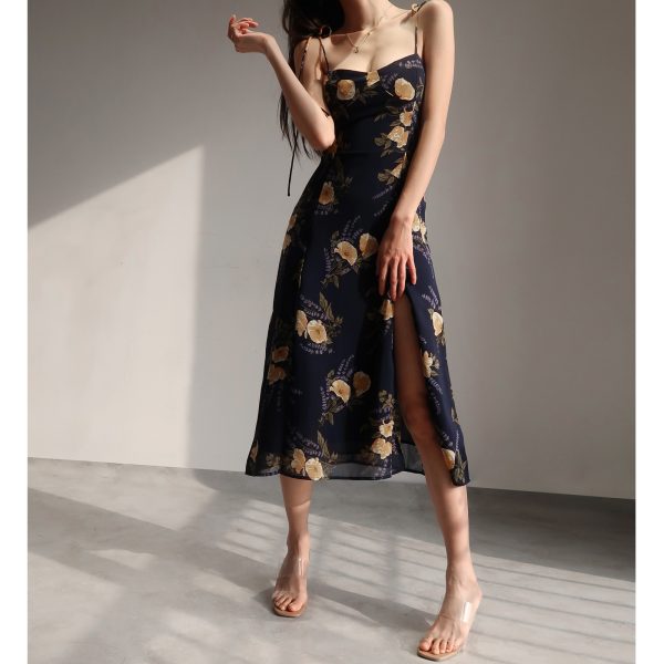 Vintage French Orange Floral Spaghetti Strap Dress with Tie Waist, Slimming Side Slit, Knee-Length Mid Skirt - Y2K Style