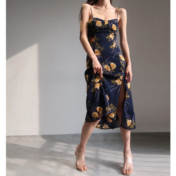 Vintage French Orange Floral Spaghetti Strap Dress with Tie Waist, Slimming Side Slit, Knee-Length Mid Skirt - Y2K Style