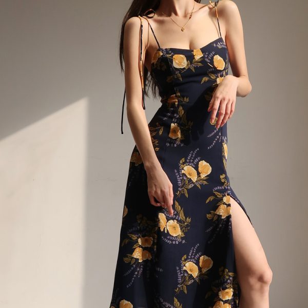 Vintage French Orange Floral Spaghetti Strap Dress with Tie Waist, Slimming Side Slit, Knee-Length Mid Skirt - Y2K Style