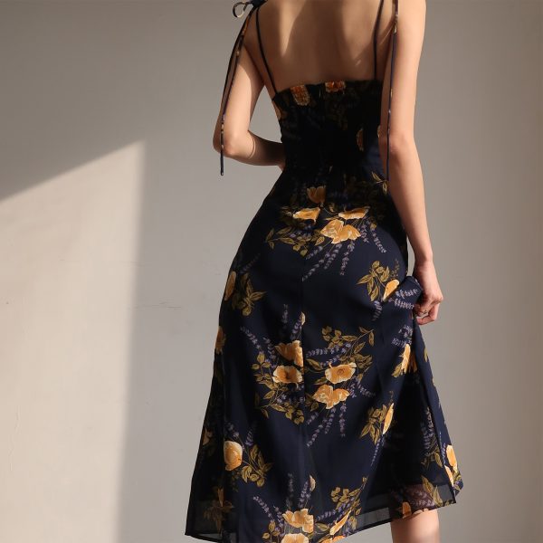 Vintage French Orange Floral Spaghetti Strap Dress with Tie Waist, Slimming Side Slit, Knee-Length Mid Skirt - Y2K Style