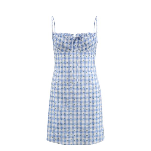 Vintage French Plaid Camisole Dress with Waist-Cinching Short Skirt - Chic Summer Style for a Feminine Look