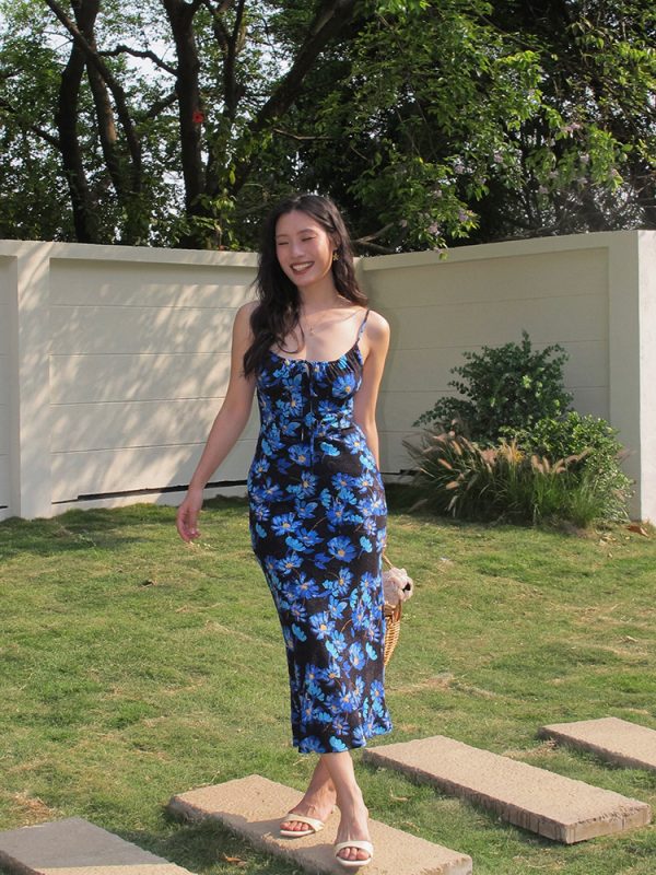 Vintage French Printed Camisole Dress for Women, Sexy Slim Fit Backless Long Dress, Perfect for Summer and Y2K Style