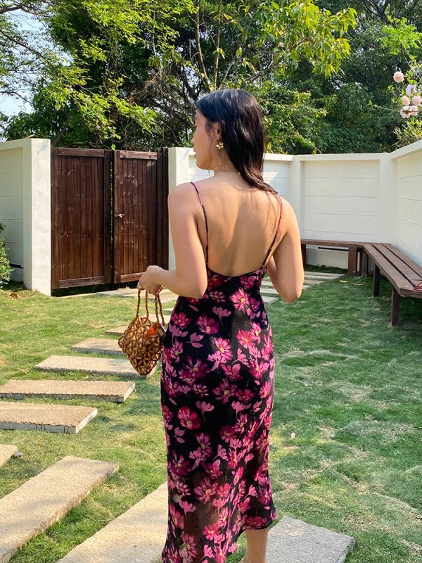 Vintage French Printed Camisole Dress for Women, Sexy Slim Fit Backless Long Dress, Perfect for Summer and Y2K Style