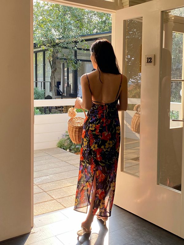 Vintage French Printed Camisole Dress for Women, Sexy Slim Fit, Split Long Skirt, Chic Summer Fashion, Boho Style