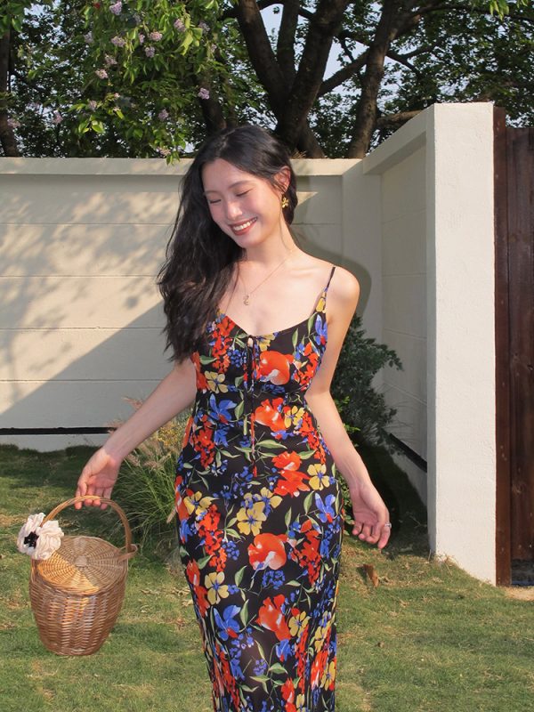 Vintage French Printed Camisole Dress for Women, Sexy Slim Fit, Split Long Skirt, Chic Summer Fashion, Boho Style