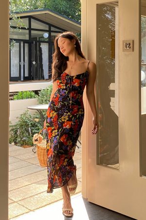 Vintage French Printed Camisole Dress for Women, Sexy Slim Fit, Split Long Skirt, Chic Summer Fashion, Boho Style