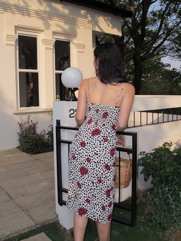 Vintage French Printed Camisole Dress for Women, Sexy Slim Fit with Split Long Skirt, Bohemian Style, Summer Fashion