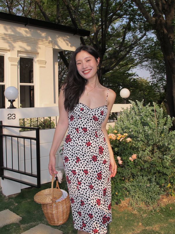 Vintage French Printed Camisole Dress for Women, Sexy Slim Fit with Split Long Skirt, Bohemian Style, Summer Fashion