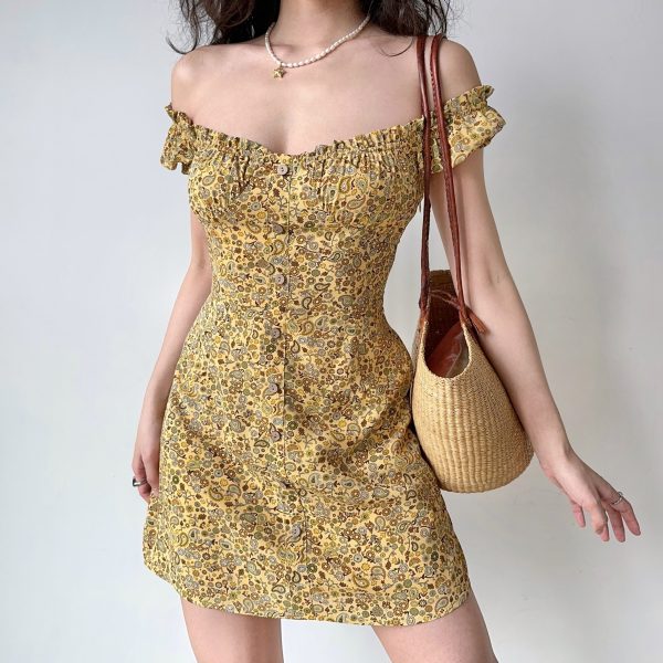 Vintage French Puff Sleeve Floral Dress for Women - A-Line Short Skirt, Square Neck, Perfect for Y2K and Retro Style