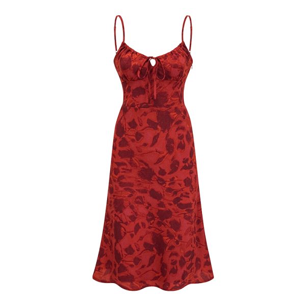 Vintage French Red Printed Cami Dress - Mid-Length Summer Vacation Dress for Women - Trendy 90s Inspired Style