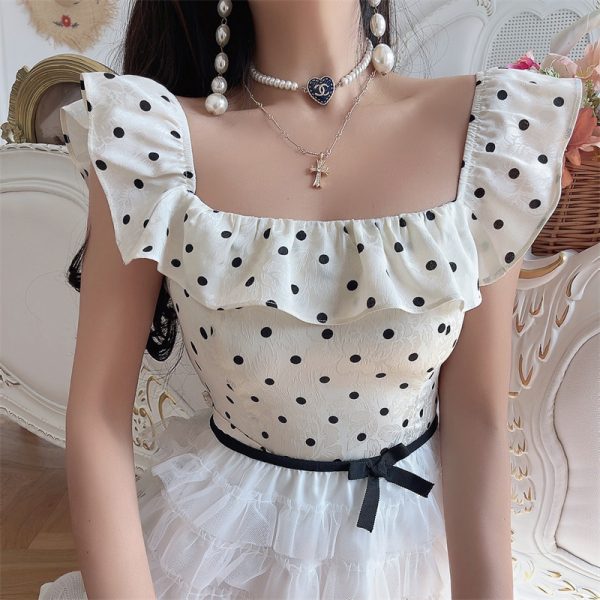 Vintage French Ruffled Large Square Collar Polka Dot Blouse - Handmade Spring/Summer 2025 Vacation Style
