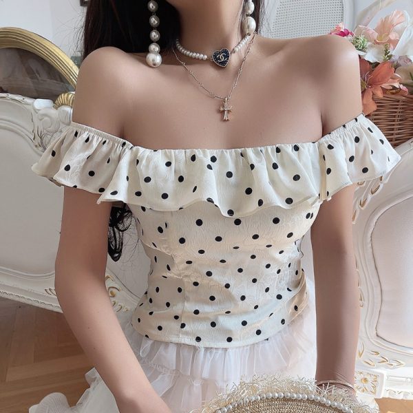 Vintage French Ruffled Large Square Collar Polka Dot Blouse - Handmade Spring/Summer 2025 Vacation Style