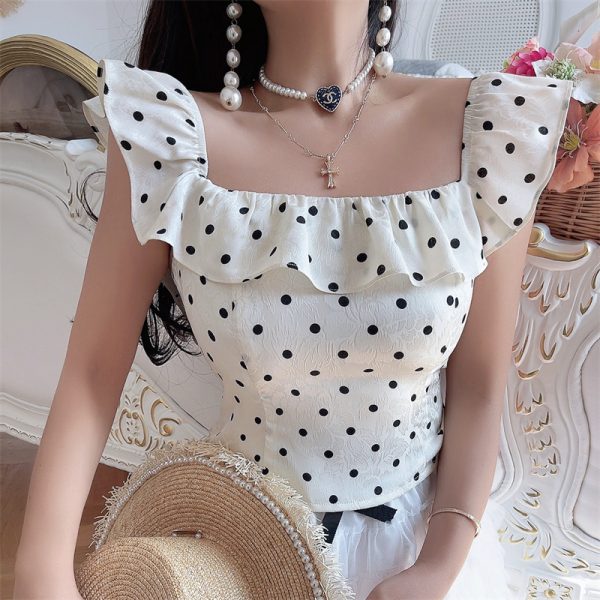 Vintage French Ruffled Large Square Collar Polka Dot Blouse - Handmade Spring/Summer 2025 Vacation Style