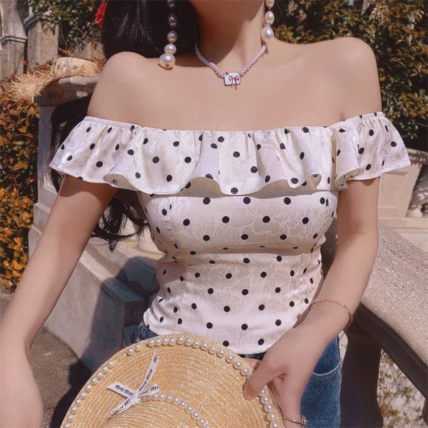 Vintage French Ruffled Large Square Collar Polka Dot Blouse - Handmade Spring/Summer 2025 Vacation Style