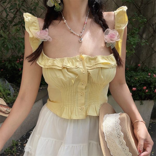 Vintage French Ruffled Sleeveless Shirt with Large Square Collar - Handmade Spring/Summer 2025 Vacation Top for Women