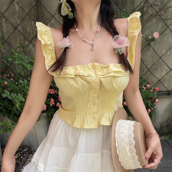 Vintage French Ruffled Sleeveless Shirt with Large Square Collar - Handmade Spring/Summer 2025 Vacation Top for Women