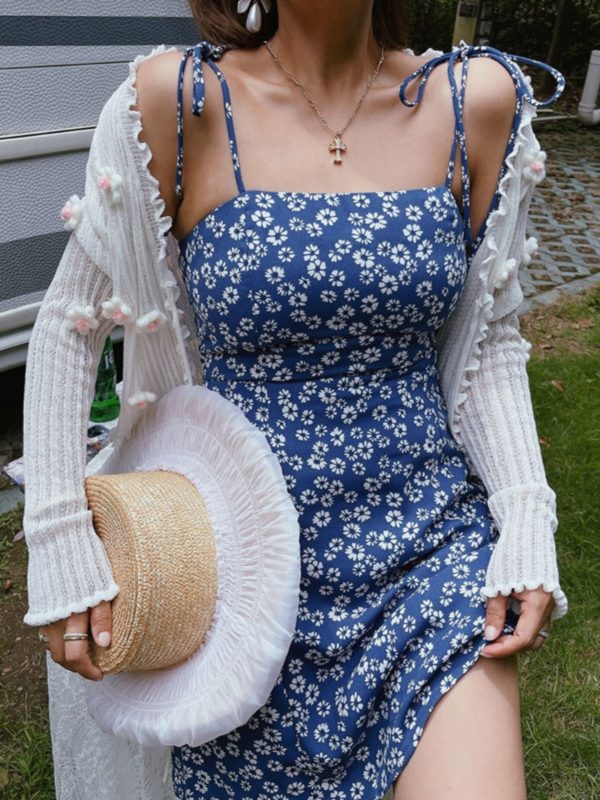 Vintage French Square Neck Tie Blue Floral Slip Dress - 2022 Spring/Summer Vacation Style, Perfect for Y2K and 90s Inspired Looks