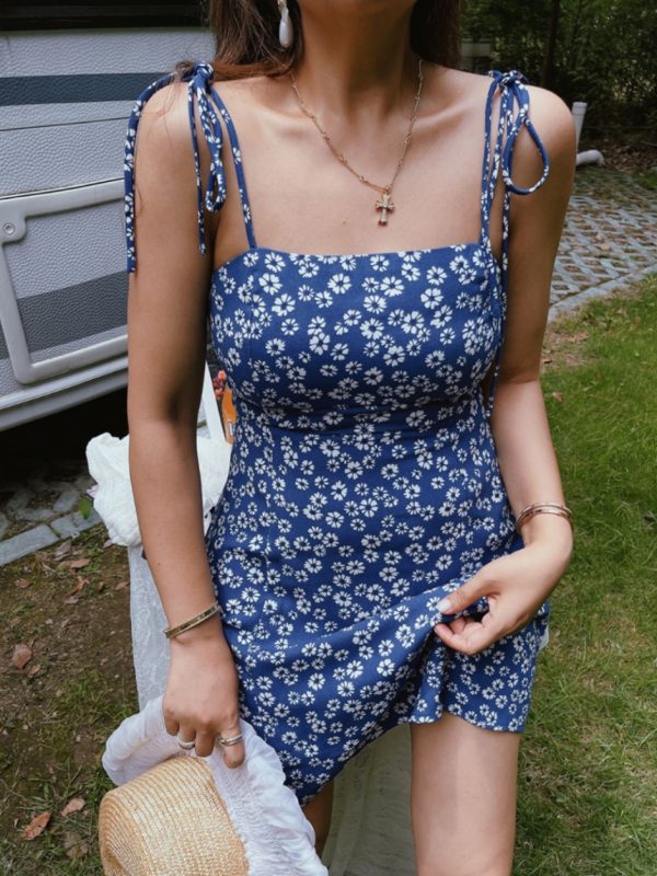 Vintage French Square Neck Tie Blue Floral Slip Dress - 2022 Spring/Summer Vacation Style, Perfect for Y2K and 90s Inspired Looks