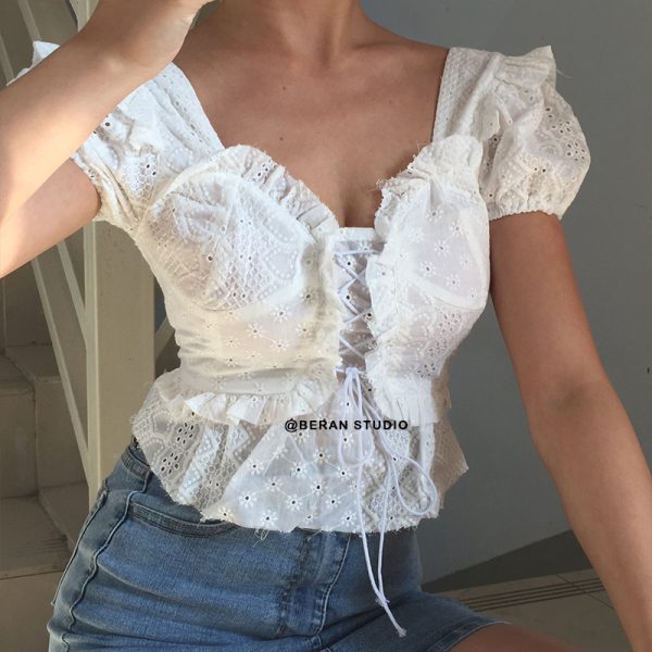 Vintage French Square Neck Water-Soluble Lace Trim Tied High-Waist Short Sleeve Shirt Top - Cute Y2K Style Fashion