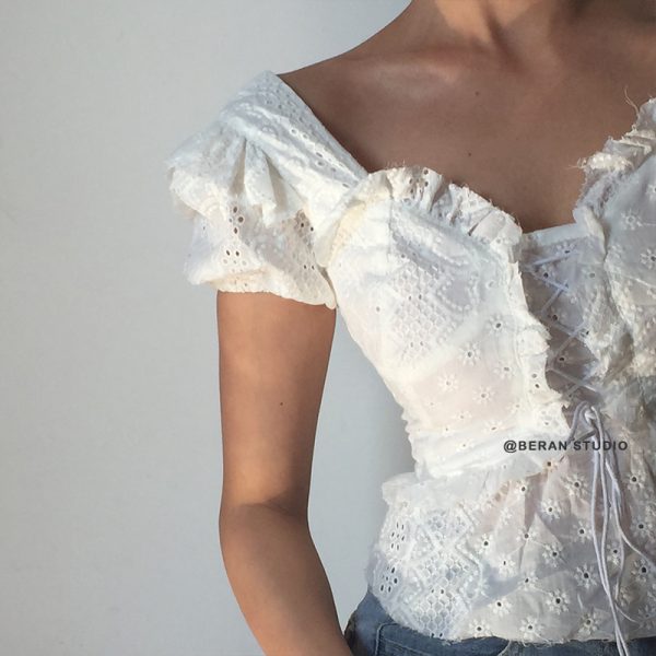 Vintage French Square Neck Water-Soluble Lace Trim Tied High-Waist Short Sleeve Shirt Top - Cute Y2K Style Fashion