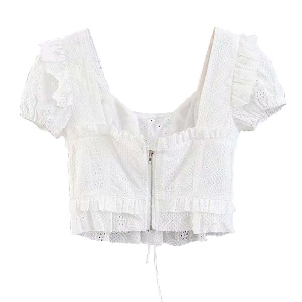 Vintage French Square Neck Water-Soluble Lace Trim Tied High-Waist Short Sleeve Shirt Top - Cute Y2K Style Fashion