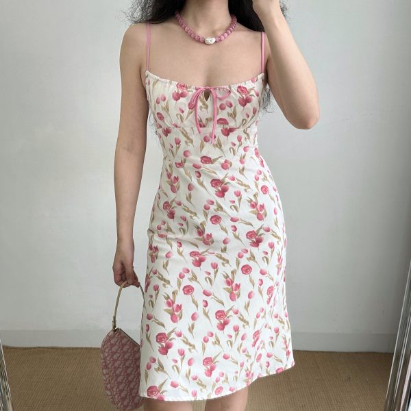 Vintage French Tulip Strap Dress for Women - Summer Slim A-Line Waist-Defined Short Skirt - 90s Inspired Fashion
