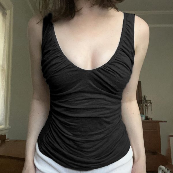 Vintage Gray Pleated Sleeveless Vest Top - Simple Basic V-Neck Slim Fit for Effortless 90s-Inspired Style