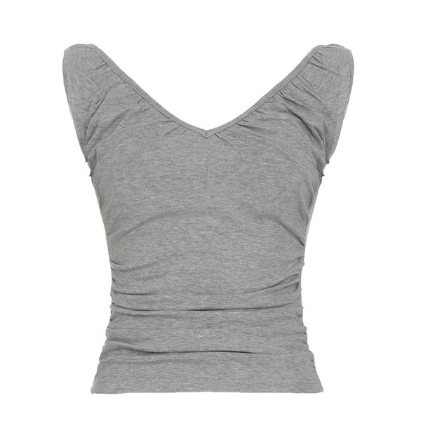Vintage Gray Pleated Sleeveless Vest Top - Simple Basic V-Neck Slim Fit for Effortless 90s-Inspired Style