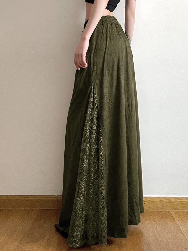 Vintage Green Field Redemption Long Skirt for Women - Zipper Lace Splicing Straight Tube Design - Chic Half Skirt Fashion