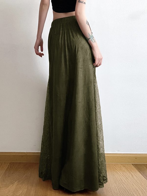 Vintage Green Field Redemption Long Skirt for Women - Zipper Lace Splicing Straight Tube Design - Chic Half Skirt Fashion