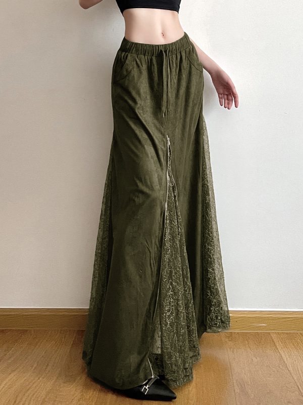 Vintage Green Field Redemption Long Skirt for Women - Zipper Lace Splicing Straight Tube Design - Chic Half Skirt Fashion