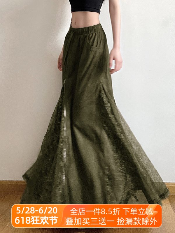 Vintage Green Field Redemption Long Skirt for Women - Zipper Lace Splicing Straight Tube Design - Chic Half Skirt Fashion
