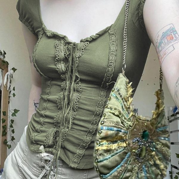 Vintage Green Field Redemption Long Skirt for Women - Zipper Lace Splicing Straight Tube Design - Chic Half Skirt Fashion