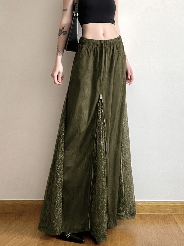 Vintage Green Field Redemption Long Skirt for Women - Zipper Lace Splicing Straight Tube Design - Chic Half Skirt Fashion