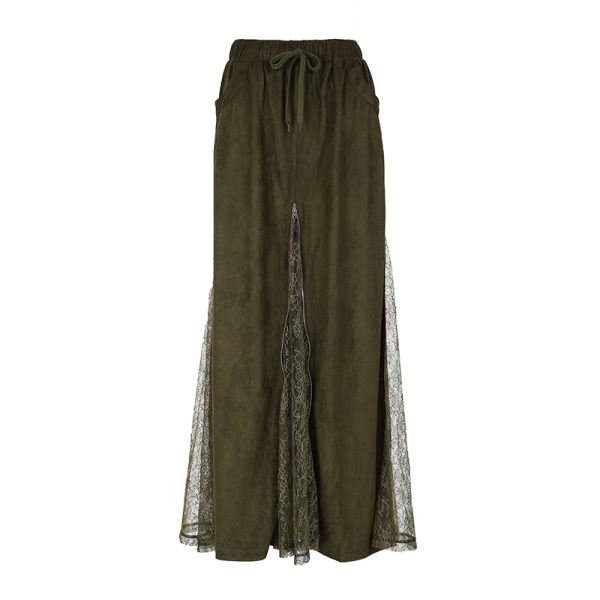 Vintage Green Field Redemption Long Skirt for Women - Zipper Lace Splicing Straight Tube Design - Chic Half Skirt Fashion