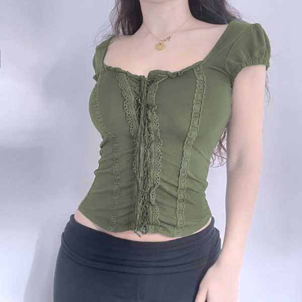Vintage Green Lace Trimmed Tie T-shirt - Retro Square Neck Slim Fit Short Top in Forest Style, Perfect for Y2K and 90s Fashion
