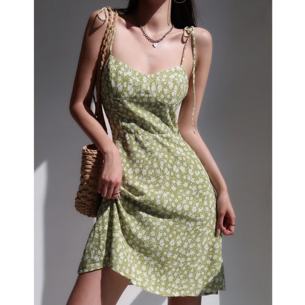 Vintage Green Lace-Up Floral Spaghetti Strap Dress - Feminine Waist-Cinching A-Line Mini for Vacation Style