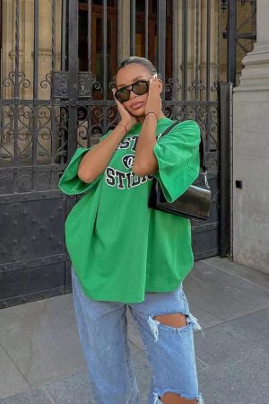 Vintage Green Letter Oversized Short-Sleeve T-Shirt for Women - Retro High Street Style Hot Girl Top, Y2K Fashion