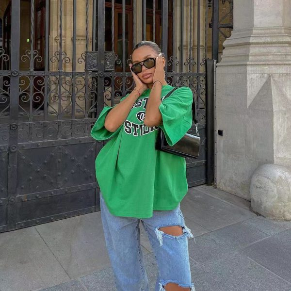 Vintage Green Letter Oversized Short-Sleeve T-Shirt for Women - Retro High Street Style Hot Girl Top, Y2K Fashion