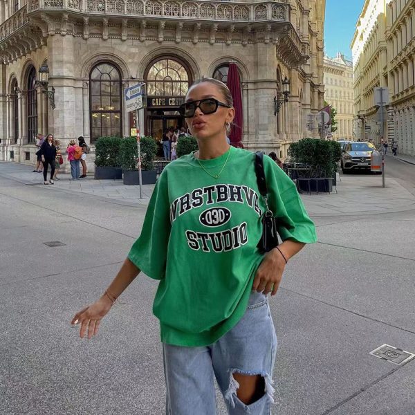Vintage Green Letter Oversized Short-Sleeve T-Shirt for Women - Retro High Street Style Hot Girl Top, Y2K Fashion